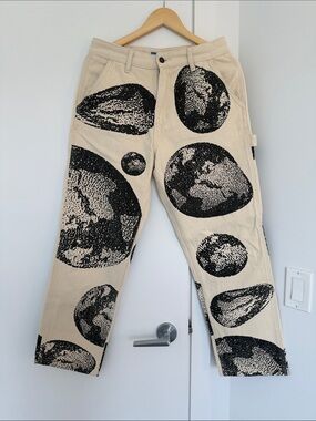 Men's Cream Cargo Pants with Black Planet Graphic